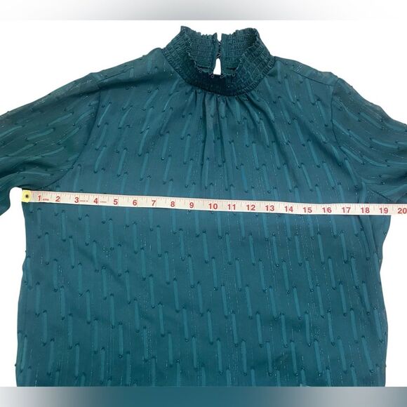 EXPRESS Teal Green Mock Neck Semi-Sheer Long Sleeve Tie Bottom Blouse - Picture 6 of 11